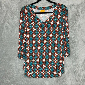 Ruby Rd Medium Shirt Top Teal Blue Orange Geometric 3/4 Sleeve V Neck Stretch